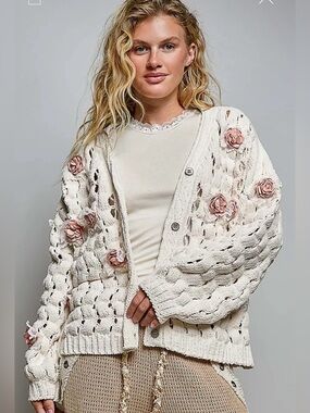 POL floral lace crochet tapestry patchwork floral cardigan tunic top blouse